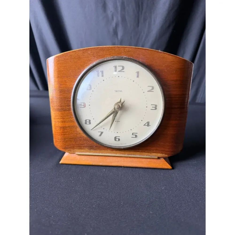 Vintage Smiths 8 Day Floating Balance Mantel Clock Wooden Case Great Britain